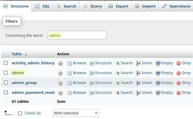 Selecting the admin table